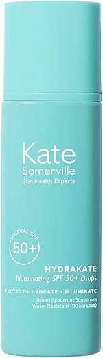 Kate Somerville HydraKate Protetor Solar Iluminador em Gotas para o Rosto com FPS 50, Óxido de Zinco e Tonalidade Mineral, Hidratante e Anti-Envelhecimento, 50 ml