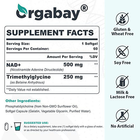 Orgabay - Suplemento Liposomal NAD 500 mg, Alta Absorção, Aumente NAD com TMG 250 mg, NAD Real mais Eficiente que Ribosídeo de Nicotinamida, Suporte à Energia Celular, Envelhecimento Saudável