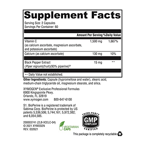 Xcellent C – Suplemento de Vitamina C de Alta Dose com BioPerine para Absorção Aprimorada – Vitamina C Tamponada para Minimizar Desconforto Gastrointestinal – Suplemento Antioxidante de Suporte Imunológico - XYMOGEN