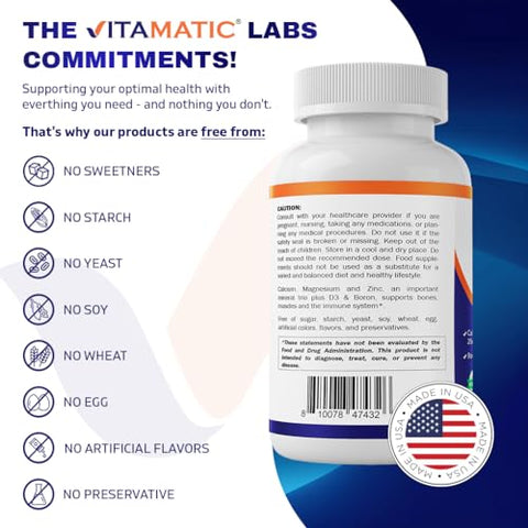 Cálcio Magnésio Zinco D3 Boro | 365 Comprimidos Revestidos | Cálcio 1200 mg, Magnésio 420 mg, Zinco 25 mg, Vitamina D3 1000 UI, Boro 1 mg | Não-OGM | Sem Glúten | 365 Tabletes | Marca Vitamatic - Vitamatic