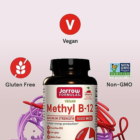 Methyl B-12 5000 mcg – Suplemento para Energia Celular e Saúde Cerebral – 60 Tabletes Mastigáveis Sabor Cereja – 60 Dias - Jarrow Formulas