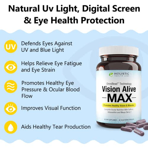 Holistic Health Labs - Visão Viva Max com 8 Ingredientes Naturais Lutemax® 2020, Mirtilos, Mirtilos Azuis, c3g de Groselha Negra, Maqui Berry, Açafrão e Astaxantina (30 Unidades)