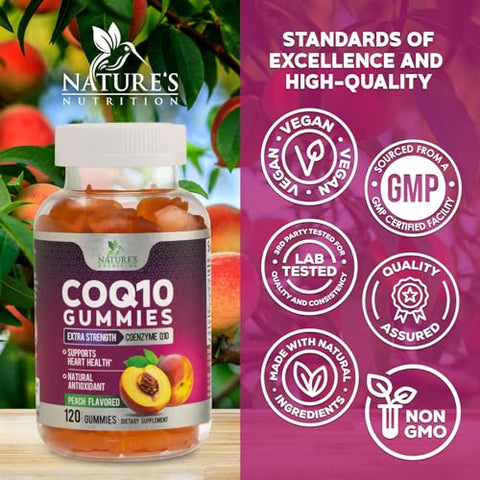 Nature's Nutrition - Gummies de CoQ10 100mg – Suplemento de Coenzima Q10, Antioxidante para Apoio à Saúde Cardíaca