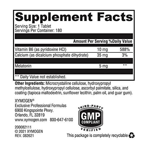 Melatonin CR 5mg com Vitamina B6 – Suporte Noturno ao Sistema Imunológico – Liberação Bifásica Rápida e Constante (180 cápsulas) - XYMOGEN