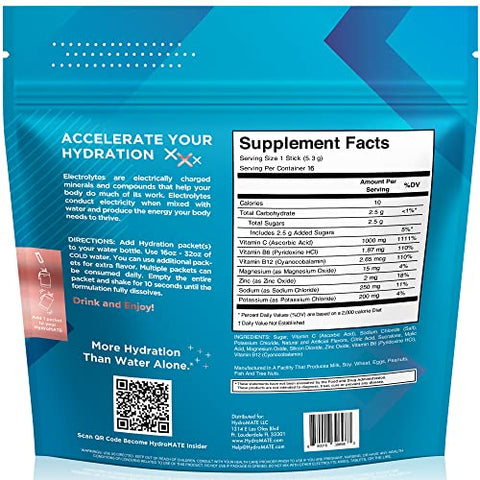 NatureWorks - Hidratante em Pó HydroMATE para Bebida com Eletrólitos, Baixo Açúcar, Acelerador de Hidratação, Recuperação Rápida de Festas com Vitamina C B12, Chá Gelado de Pêssego – 16 Sticks