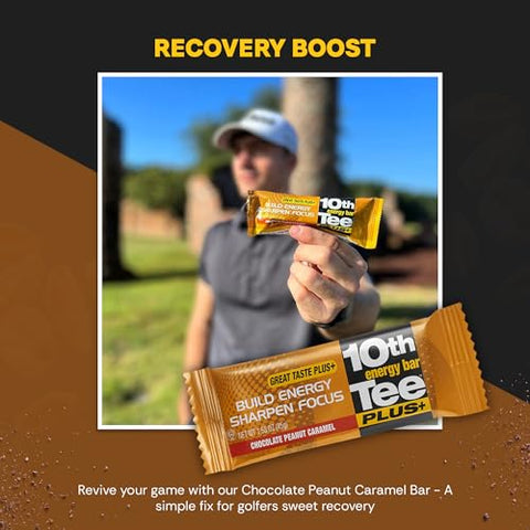 1ST TEE - Barra de Energia de Golfe 10th Tee Plus Chocolate Amendoim Caramelo feita com Ingredientes Naturais – Barras de 50g (12 unidades) Lanche Saudável de Chocolate de Fácil Digestão para Escritório