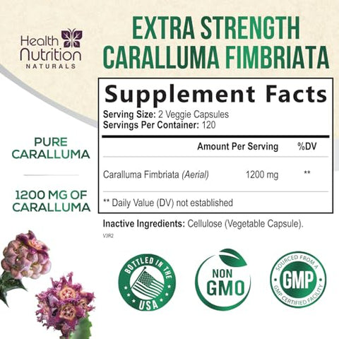 Health Nutrition Naturals - Caralluma Fimbriata Extract 1200mg – Cápsulas de Caralluma Fimbriata Natural de Força Máxima para Suporte de Resistência, Melhores Cápsulas Veganas para Mulheres e Homens – 240 Cápsulas