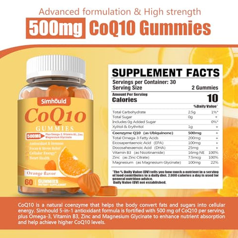 Simhould - 2 Pacote Gomas CoQ10 500MG – Ômega-3, Magnésio, Vitamina B3