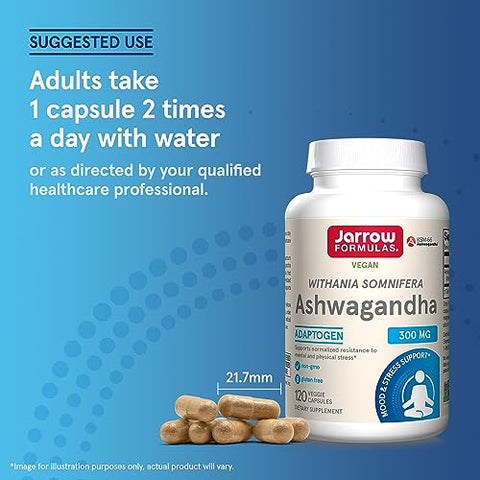 Ashwagandha 300 mg – Suporte para Resistência Mental e Física – 120 Cápsulas Vegetais – Fornecimento de 60 Dias - Jarrow Formulas