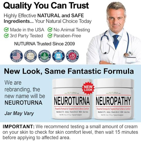 Nuturna - Creme Neuropatia Alívio Nervoso – Ação Rápida Máximo Alívio para Pés Mãos Pernas Dedos Costas – Ultra Força Mentol Arnica Aloe Vera MSM, Alívio Natural e Calmante para Nervos, 100g