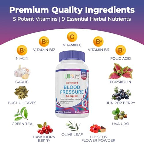 ULTALIFE - Suplemento Avançado para Pressão Arterial – Complexo de Suplementos para Pressão Arterial – Espinheiro, Hibisco, Alho, Forscolina – 14 Vitaminas