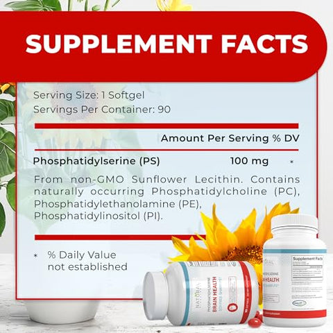 Natural BioScience - Suplemento de Fosfatidilserina 100mg Livre de Soja – Saúde Cerebral, Memória, Controle de Cortisol, Agilidade Mental – PS100 Patenteado, Lecitina de Girassol