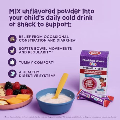 Physician's CHOICE - Physician’s Choice Kids Probiotic Prebiotic Fiber Packets – Suporte à Regularidade e Constipação Ocasional (Idade 1+)