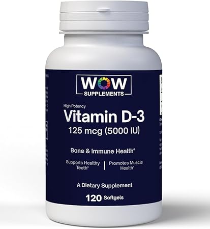 Vitamina D3 5000 UI – 125 mcg, Suplemento de Alta Potência para Saúde Óssea, Dental, Articular, Mamária, Cardíaca e Imunológica* 120 Unidades - WOW Supplements