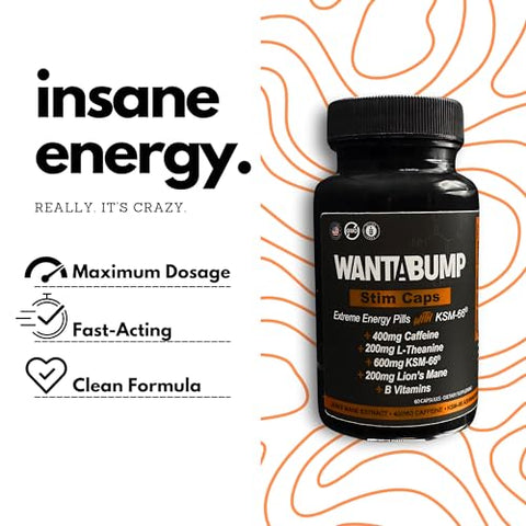 Want A Bump - Pílulas de Energia Extrema | 400mg de Cafeína | 600mg de Ashwagandha | 200mg de Lion’s Mane | Aumento de Energia