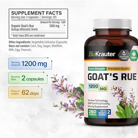 BIO KRAUTER - Goats Rue 1200 mg – 250 Cápsulas Veganas – Suporte à Lactação Natural