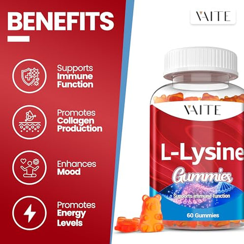 VAITE - L-Lysine 1000mg Gummies – Suporte para Pele, Lábios, Vegano, Sem Glúten, Vitaminas para Saúde dos Tecidos – Marca: [Nome da Marca]