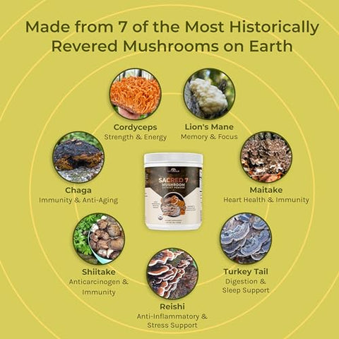 Pó de Extrato de 7 Cogumelos Sagrados – Livre de Preenchedores – Orgânico – 100% Corpos Frutíferos – 227g - Naturealm