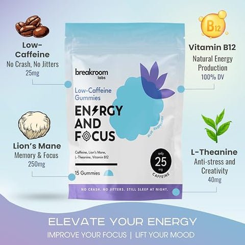Breakroom Labs - Gummies Energéticos com Baixo Teor de Cafeína e Foco, Vitamina B12, Lion’s Mane, L-Theanine – Baixo Açúcar, Sem Carboidratos, Sem Glúten, Vegano – Energia Nootrópica em Mastigáveis – Sabor Blue Raspberry, 15g