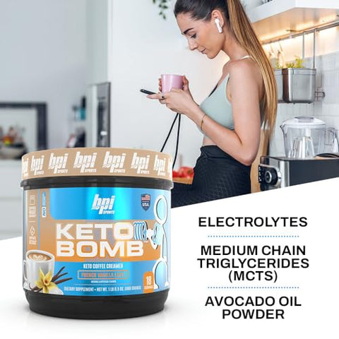 Keto Bomb – Energia, Hidratação e Perda de Gordura – MCT e Eletrólitos – Sem Açúcar com Cálcio – French Vanilla Latte, 18 Porções - BPI Sports
