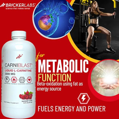 Bricker Labs - CARNIBLAST L-Carnitina Líquida 3000mg, Premium Carnitina Carnipure, Nutrição Energética, Suplemento Energético e Estimulante, Framboesa, 473 ml