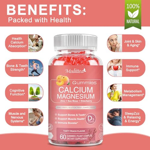 Mulittea - Gomas de Cálcio 1200mg com D3, K2, Zinco – Complexo de Plantas de Cálcio e Magnésio com Glicinato, Potássio e Vitamina C
