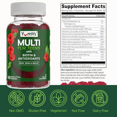 YUM-V'S - YumVs Gomas Multivitamínicas para Adolescentes com Biotina e Antioxidantes – Sabor Framboesa – Suporte para Cabelo, Pele e Unhas – Vitaminas Vegetarianas Kosher para Adolescentes de 12 a 17 anos – Gomas para Adolescentes