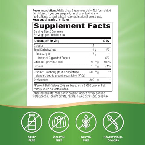 Nature's Way - Nature’s Way CranRx Gummies de Cranberry, Suporte para Saúde do Trato Urinário* com D-Manose e Vitamina C, 60 Gummies