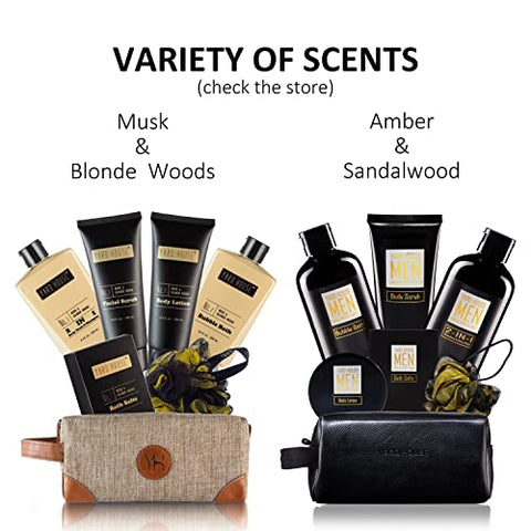 Yard House - Conjunto de Cestas de Presente de Spa para Banho e Corpo para Homens – Sândalo Âmbar – Kit de Spa de 7 Peças com Itens em Tamanho Real em Bolsa de Higiene em Couro – Presentes de Dia dos Pais e Aniversário para Marido, Pai da Esposa