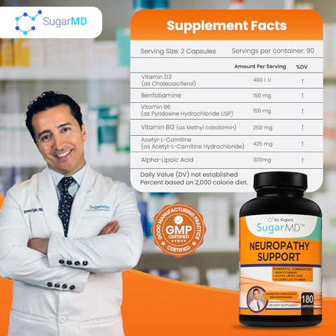 Suplemento Neuropático com 180 Cápsulas de Suporte Nervoso, Ácido Alfa Lipóico e Benfotiamina - SugarMD