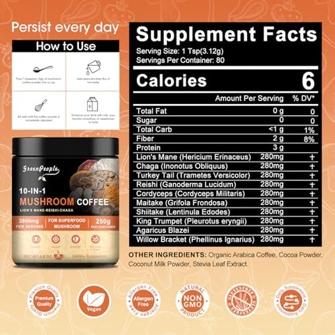 GREENPEOPLE - Café de Cogumelo 10 em 1 | Alternativa de Café de Cogumelo com Lion’s Mane, Reishi, Turkey Tail | 100% Natural | 30g