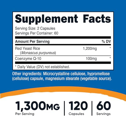 Red Yeast Rice com CoQ10 1300mg, 120 Cápsulas, 60 Porções – Sem OGM, Sem Glúten - Nutricost