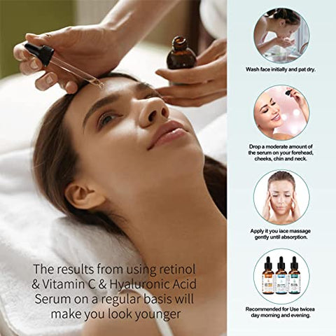 ELBBUB - Sérum Facial Anti-Idade 3 em 1: Vitamina C, Retinol e Ácido Hialurônico – 3 Frascos de 30ml cada (90ml no total)