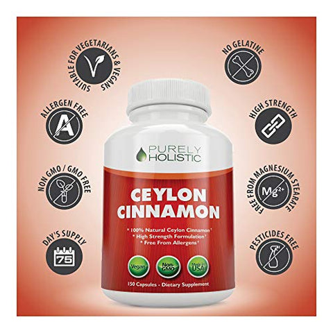 Purely Holistic - Cápsulas de Canela Ceylon Pura Holística 1500mg, 150 Cápsulas Veganas de Canela, Suprimento de 75 Dias (25%% Mais Porções), Suplemento de Canela Ceylon Verdadeira do Sri Lanka