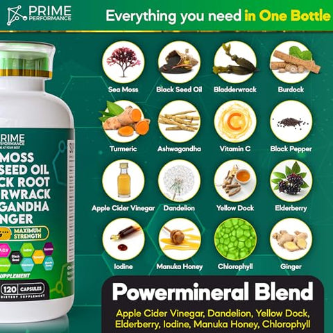 Prime Performance Nutrition - Sea Moss 13300mg Óleo de Semente Preta 13300mg Bladderwrack 2660mg Bardana 2660mg Ashwaghanda 1330mg Cúrcuma 1330mg com Gengibre Sabugueiro Vitamina C ACV Suplemento de Clorofila