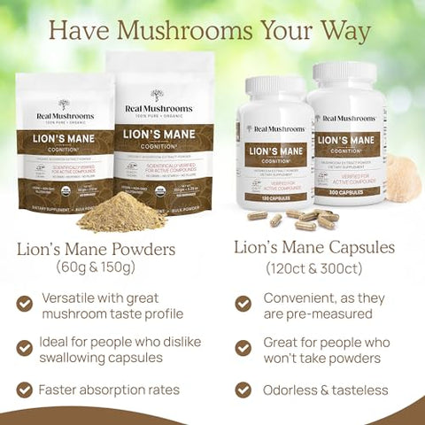 Real Mushrooms - Cápsulas de Cogumelo do Leão (120 cápsulas) | Extrato em Pó de Cogumelo do Leão | Suplemento para o Cérebro, Vitaminas para o Cérebro, Suplemento para Concentração
