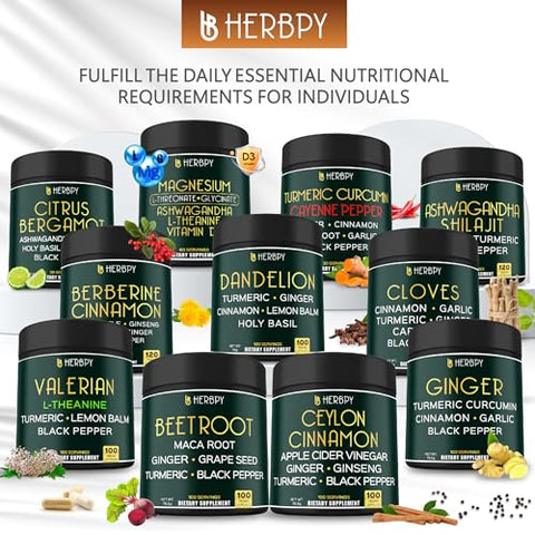Herbpy - 6in1 Suplementos Premium de Canela do Ceilão 7550mg + Vinagre de Maçã, Cúrcuma, Gengibre, Ginseng Panax