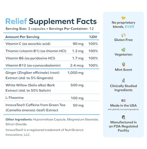 Relief | Ajuda para a Manhã Seguinte com Gengibre Casca de Salgueiro Branco | Sinta-se Melhor Depois de Beber | 12 Doses | Gengibre, Casca de Salgueiro Branco, L-Teanina, Cafeína - Cheers