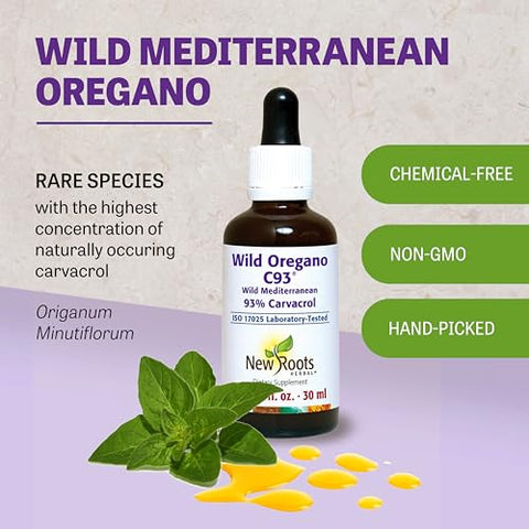NEW ROOTS HERBAL - New Roots | Óleo de Orégano Selvagem | 93% Carvacrol Gotas Líquidas de Orégano (30 ml) | Suporte Imunológico | Maior Concentração de Carvacrol | Livre de Álcool, Não Transgênico, Vegano