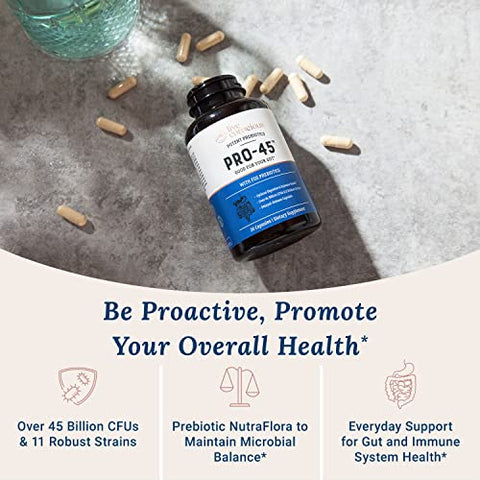 PRO45: Fórmula Probiótica, 45 Bilhões UFC, 11 Cepas Abrangentes. Sem Lactose. Cápsulas Vegetais de Liberação Retardada. Promove Saúde Imunológica e Digestiva. 60 Cápsulas - Live Conscious