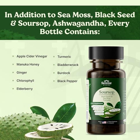 Serene herbs - Herbal Fusion – Sea Moss 7000mg, Black Seed Oil 4000mg, Soursop 4000mg, Ashwagandha 2000mg com Cúrcuma, Bladderwrack, Bardana, Vitamina C | Marca: Herbal Fusion