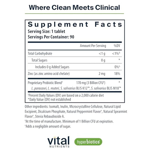 Probiótico Dental Pro com BLIS K12 e M18 | Premium Vegano para Saúde Bucal e Mau Hálito | Sem Açúcar | Comprimido Mastigável de Menta | Livre de Glúten e Lactose | 90 - Hyperbiotics