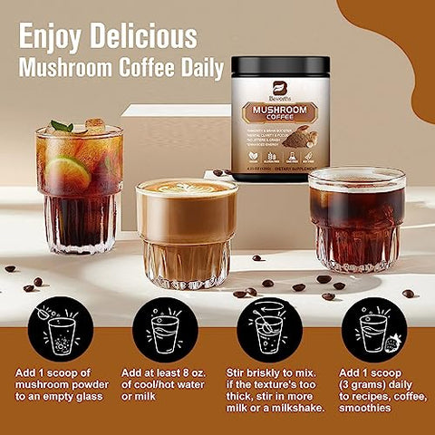 B BEWORTHS - Café de Cogumelo – Pó Instantâneo de Cogumelo do Leão com Reishi, Chaga, Cordyceps e Turkey Tail – Alternativa de Café de Cogumelo para Energia e Clareza Mental
