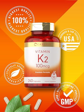 Vitamina K2 100 mcg | K2 MK-4 | 240 Cápsulas | Não-OGM | Marca Carlyle - Carlyle