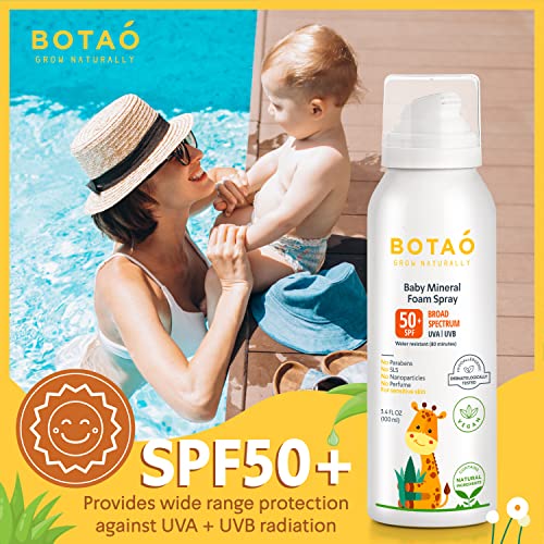 BOTAO - Protetor Solar em Espuma Spray para Bebês 100%% Mineral de Óxido de Zinco, seguro para pele sensível, bloqueador solar natural para bebês ou crianças pequenas: FPS50 Amplo Espectro UVA UVB, Proteção contra queimaduras solares, 100ml (1 unidade)