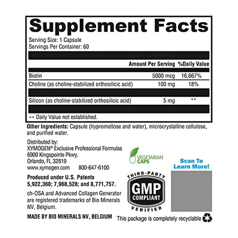 RegeneMax Plus – Biotina e Colina para Cabelo, Pele, Unhas e Articulações – Estimula a Produção de Colágeno para Saúde Óssea e Redução de Rugas – Biotina 5000mcg (60 Cápsulas) - XYMOGEN