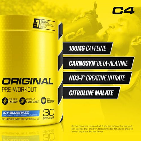 C4 Original Pó Pré-Treino ICY Blue Razz – Vitamina C para Suporte Imunológico – Energia Pré-Treino Sem Açúcar para Homens - Cellucor