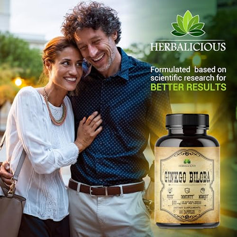 HERBALICIOUS - Cápsulas de Ginkgo Biloba – Suplemento Natural Diário para Apoio à Clareza Mental, Foco, Estimulação da Memória, Alívio do Estresse, Saúde do Coração e do Cérebro