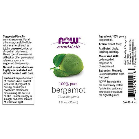 NOW Foods - Óleo Essencial Bergamota NOW, Aromaterapia Doce, Prensado a Frio, 100% Puro, Vegano, Tampa Resistente a Crianças, 30ml