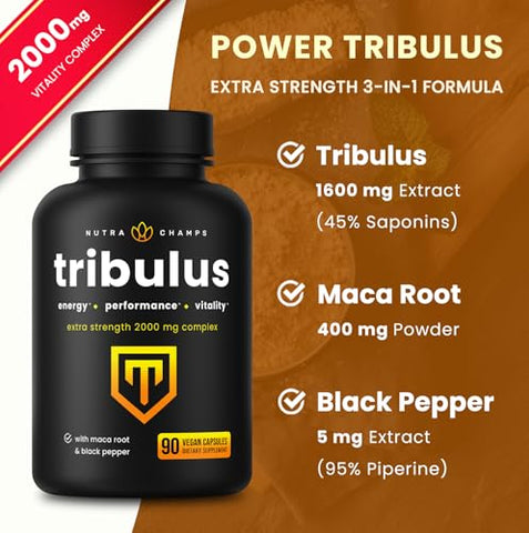 NutraChamps - Tribulus Terrestris para Homens | Suplemento 2000mg para Energia, Vitalidade, Resistência | Marca em Destaque